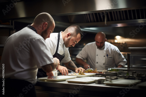 Chef at work and giving instructions to his team in kitchen.