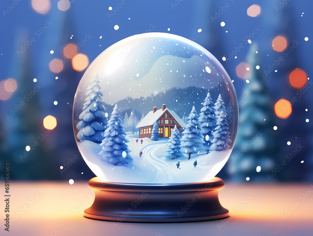 Snow globe with snow and winter composition on a blurred background with glow and bokeh effect Snow globe with snow and winter composition on a blurred background with glow and bokeh effect