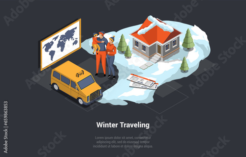 Family Winter Holidays And Winter Traveling. Mother, Father And Little Child Ready To Go On Winter Vacations. Characters Take A Taxi, Book Hotel In Mountains. Isometric 3D Cartoon Vector Illustration