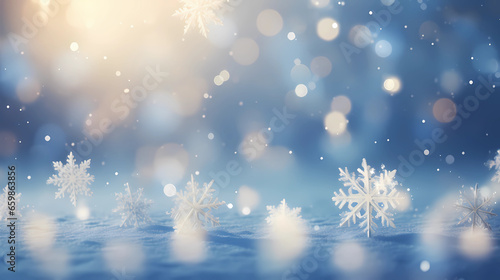 Snowflakes fall and lie on the ground like a snow carpet  winter background with glow and bokeh effect © Liudmila