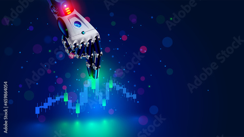 Robot trader. AI for automation trading on stock market. Hand robot point at candlestick graph on screen phone. Artificial intelligence trader. Artificial Neural network in App for Online trading.
