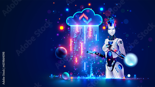 Artificial intelligence analysis data in digital cloud. AI robot woman holds in palm digital data from internet cloud storage. AI technology for cloud computing, learning artificial neural networks.