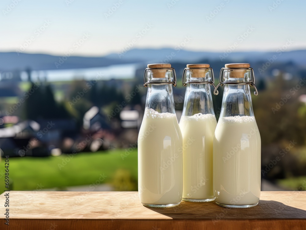 Bottles of homemade village milk against the backdrop of the village. AI Bottles of homemade village milk against the backdrop of the village. AI