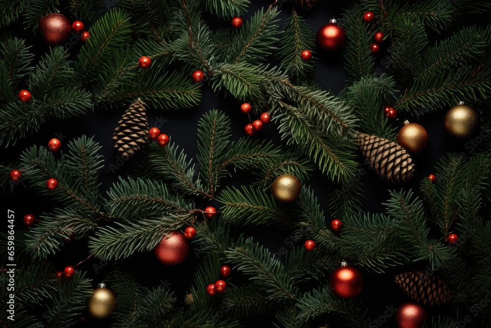Background of green dark texture spruce christmas tree branches with cones