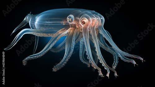 octopus kraken, a fictional deep-sea luminous transparent creature, light ocean depth, layer for overlay isolated on a black background © kichigin19