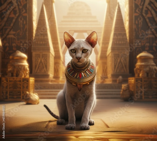 Ancient Egyptian Cat Illustration With Ornaments in a Temple in Egypt