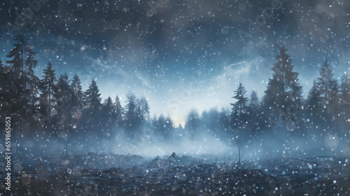 landscape night snowfall in a winter forest  panorama of a blurred background night in a blue coniferous forest swept by snow