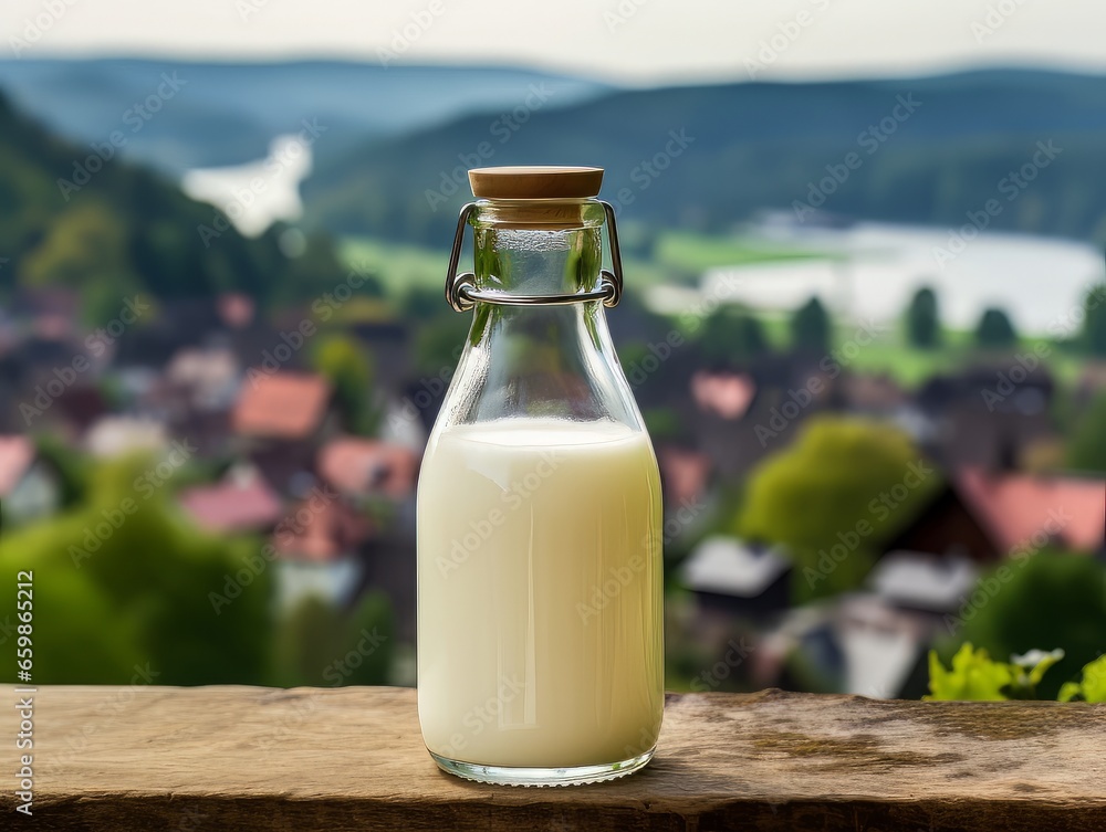 Bottle of homemade village milk against the backdrop of the village. AI Bottle of homemade village milk against the backdrop of the village. AI