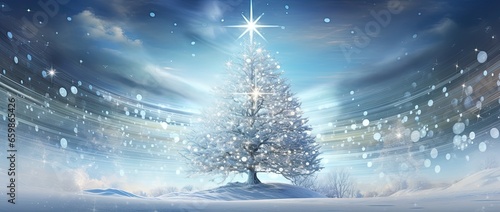 Image of a Christmas tree with a holiday background in light indigo and silver colors with snow. Generative AI © Gelpi