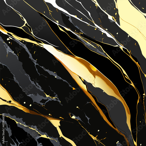 Black marble stones with gold on shiny gold background with glitter texture. Vector illustration. (ID: 659866018)