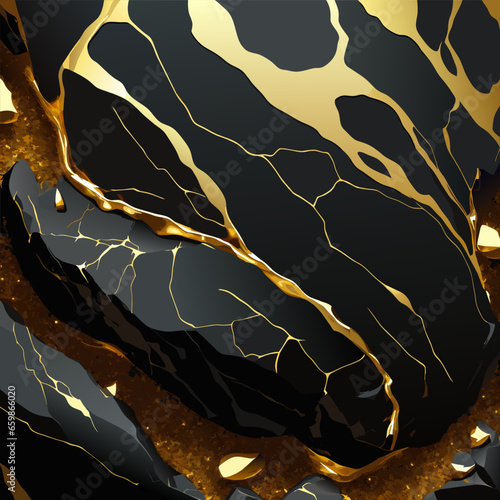 Black marble stones with gold on shiny gold background with glitter texture. Vector illustration. (ID: 659866020)