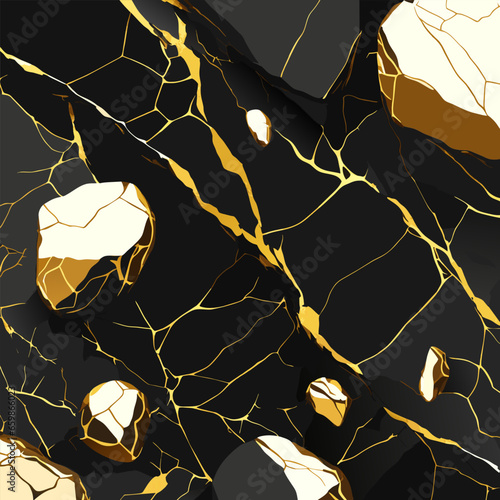 Black marble stones with gold on shiny gold background with glitter texture. Vector illustration. (ID: 659866023)
