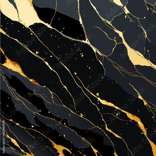 Black marble stones with gold on shiny gold background with glitter texture. Vector illustration. (ID: 659866038)