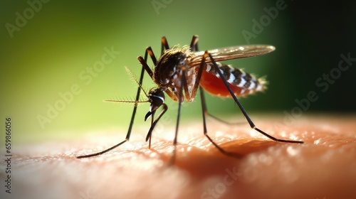 A mosquito that carries dengue fever, Zika virus is sucking blood on a person's skin © zayatssv