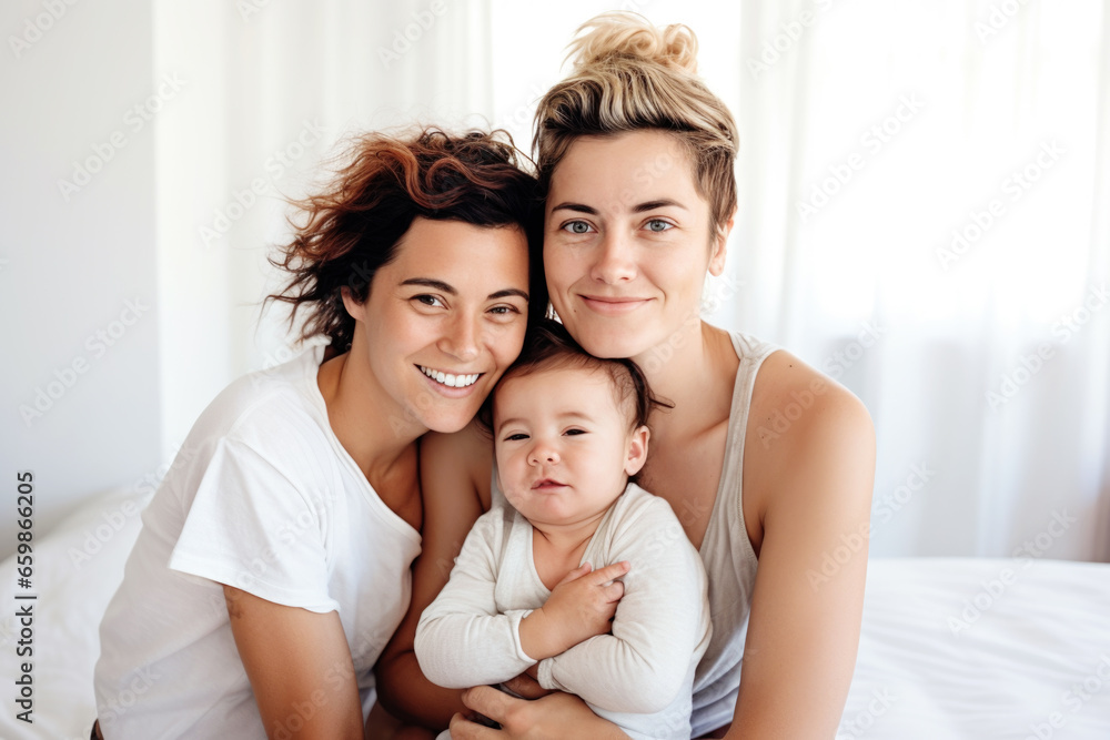 Portrait of happy female Gay couple with baby at home. Concept of lgbt people, lesbian marriage and adoption, homosexual family