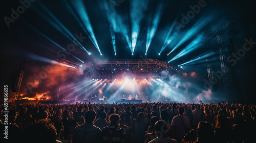 night music concert view from the crowd, stage with rays of light in the fog, musical performance generated rock fest