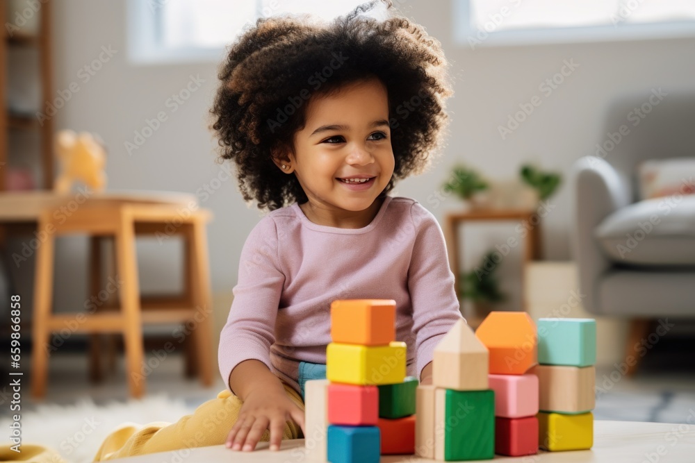 Fototapeta premium A lifestyle photograph of a young African American toddler playing with colorful wooden block toys. Cocent of a happy childhood.