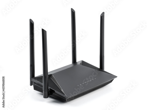 Wallpaper Mural Black wireless internet router isolated on white background. Wireless Wi-Fi router isolated on white. Fiber Optic Internet. Network cables Connected to a router, speed test concept. Torontodigital.ca