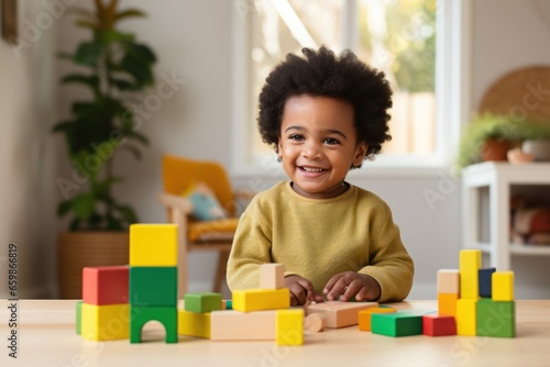 A lifestyle photograph of a young African American toddler playing with colorful wooden block toys. Cocent of a happy childhood. photo