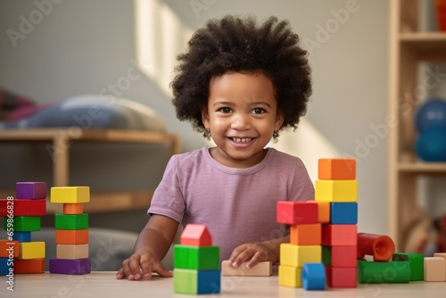 A lifestyle photograph of a young African American toddler playing with colorful wooden block toys. Cocent of a happy childhood.