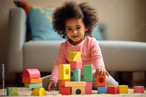 A lifestyle photograph of a young African American toddler playing with colorful wooden block toys. Cocent of a happy childhood.