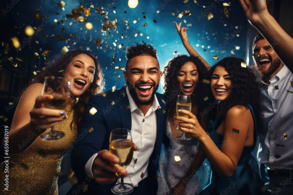 Happy smiling group of mixed race young people holing champagne glasses, laughing and having fun at the disco club new year party - obrazy, fototapety, plakaty 