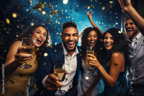 Happy smiling group of mixed race young people holing champagne glasses, laughing and having fun at the disco club new year party