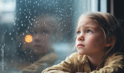 Sad cute child looking trough the window on a rainy day. Pensive child looking out window during rainy day. Thoughtful young child standing by window looks sad