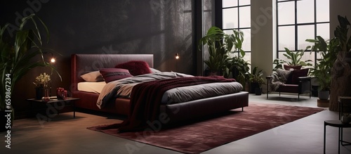 Cozy room with plants and burgundy accents featuring a low bed