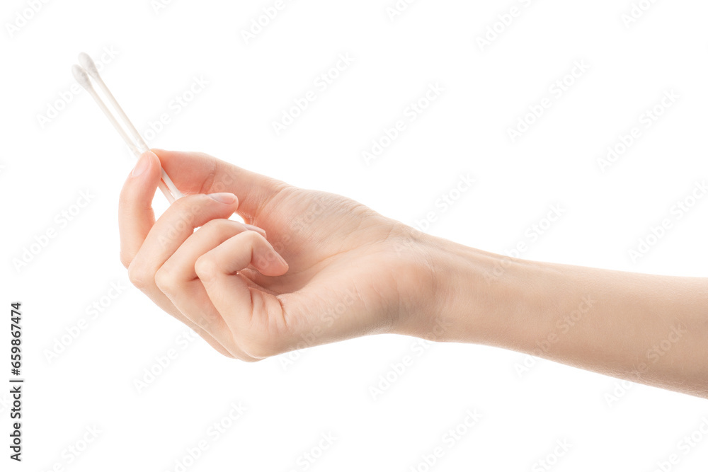 Hand holding cotton swabs isolated on white background. Disposable personal hygiene products. Healthy lifestyle. Hygiene. Health. Hand holding cotton swabs isolated on white background. Disposable personal hygiene products. Healthy lifestyle. Hygiene. Health.