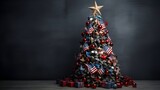Christmass tree in USA flag colors.Christmass tree with christmass tree toys and USA  small size flags at the darkgrey background,.