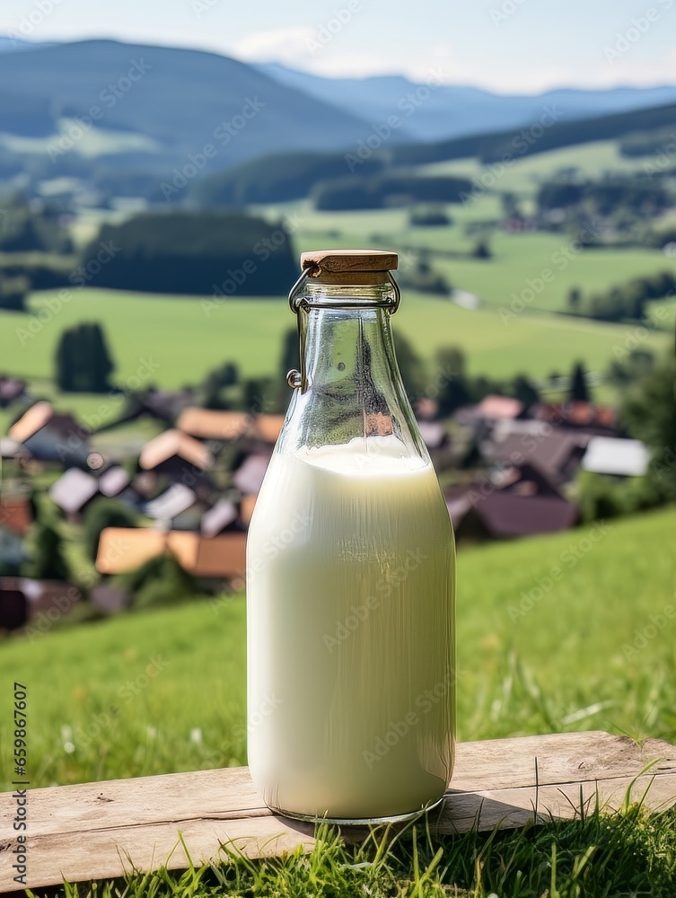 Bottle of homemade village milk against the backdrop of the village. AI Bottle of homemade village milk against the backdrop of the village. AI