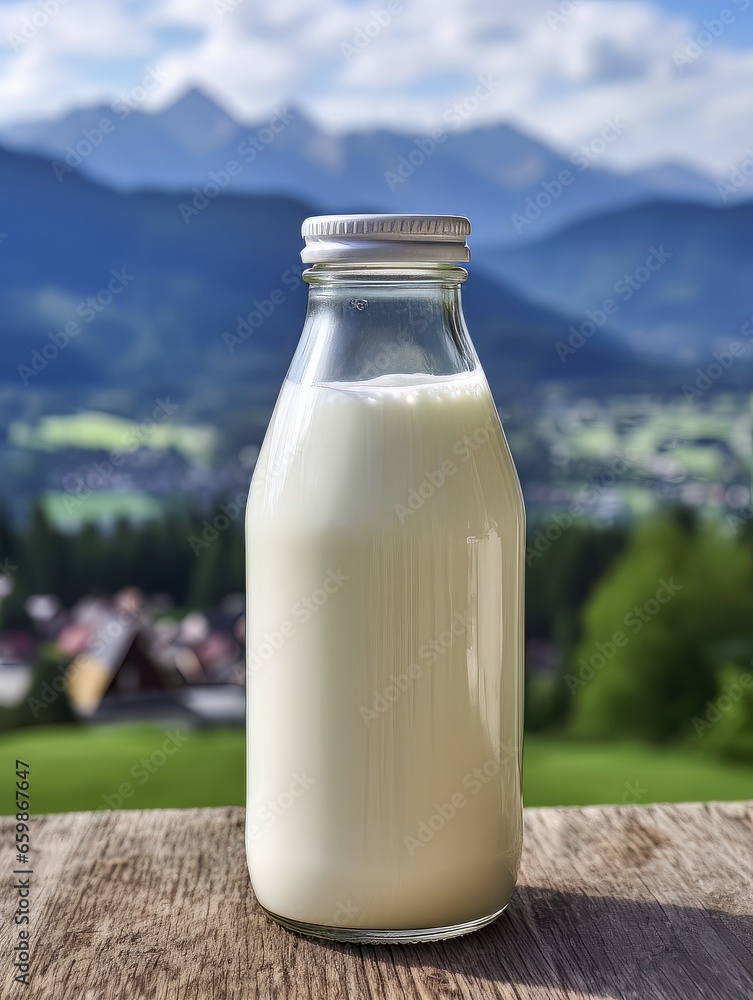 Bottle of homemade village milk against the backdrop of the village. AI Bottle of homemade village milk against the backdrop of the village. AI