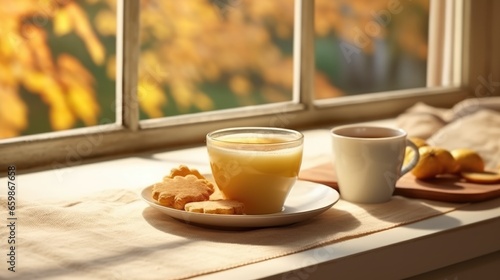 Wallpaper Mural A hot drink in a transparent cup on the windowsill on an autumn background with a wreath. Torontodigital.ca