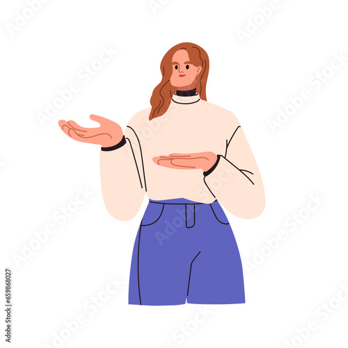 Woman presenter showing, pointing aside. Female speaker presenting something, indicating to side. Person advertising with hand palm gesture. Flat vector illustration isolated on white background