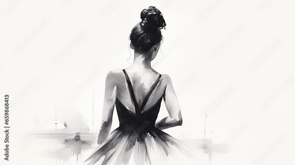 ballerina view from the back pencil sketch on a white background black and white drawing