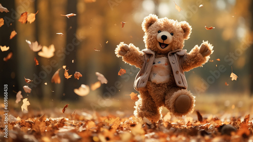 freedom plush abstract generated bear kicks autumn leaves in the park, October unusual change children's calendar