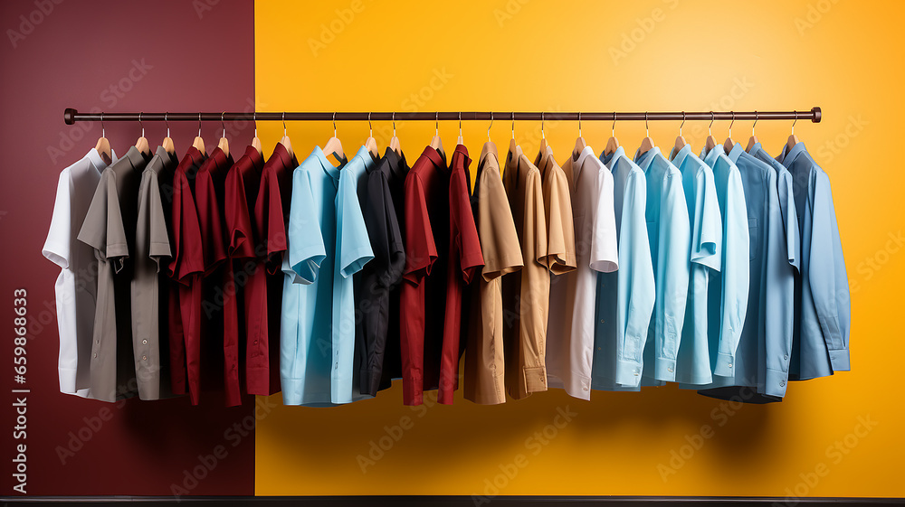 bright clothes, uniforms on hangers