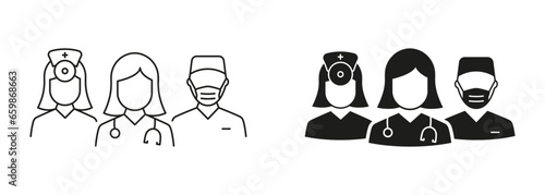 Doctors and Nurse Team Line and Silhouette Black Icon Set. Medical Specialists Group Pictogram. Healthcare Professional Hospital Staff Symbol Collection. Isolated Vector Illustration
