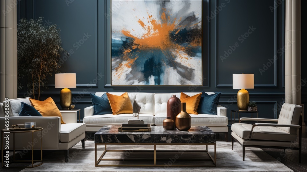 cozy modern luxurious interior design of a spacious living-room with blue chester sofa, glass or marble coffee table, white walls and golden and bronze colored decorative elements - obrazy, fototapety, plakaty 
