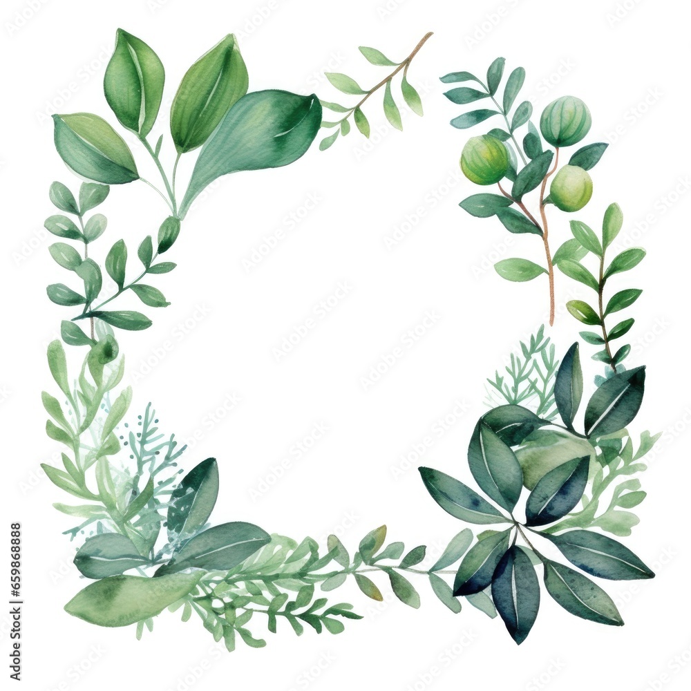 square frame of watercolor tropical green leaves on white background