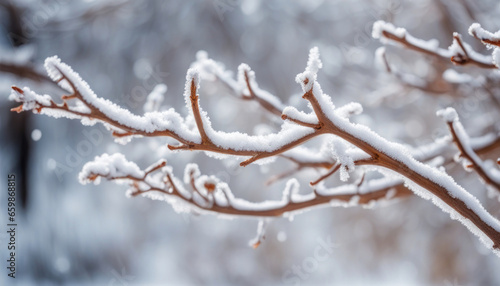 Frosty Winter Day White Snow on Bare Tree Branches 