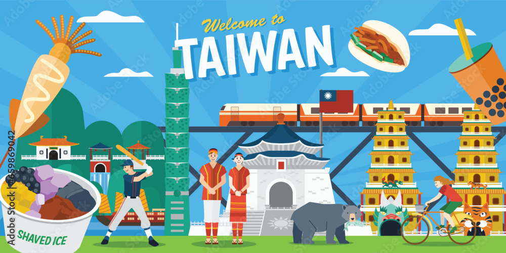 Obraz premium Taiwan travel banner with people and famous attractions