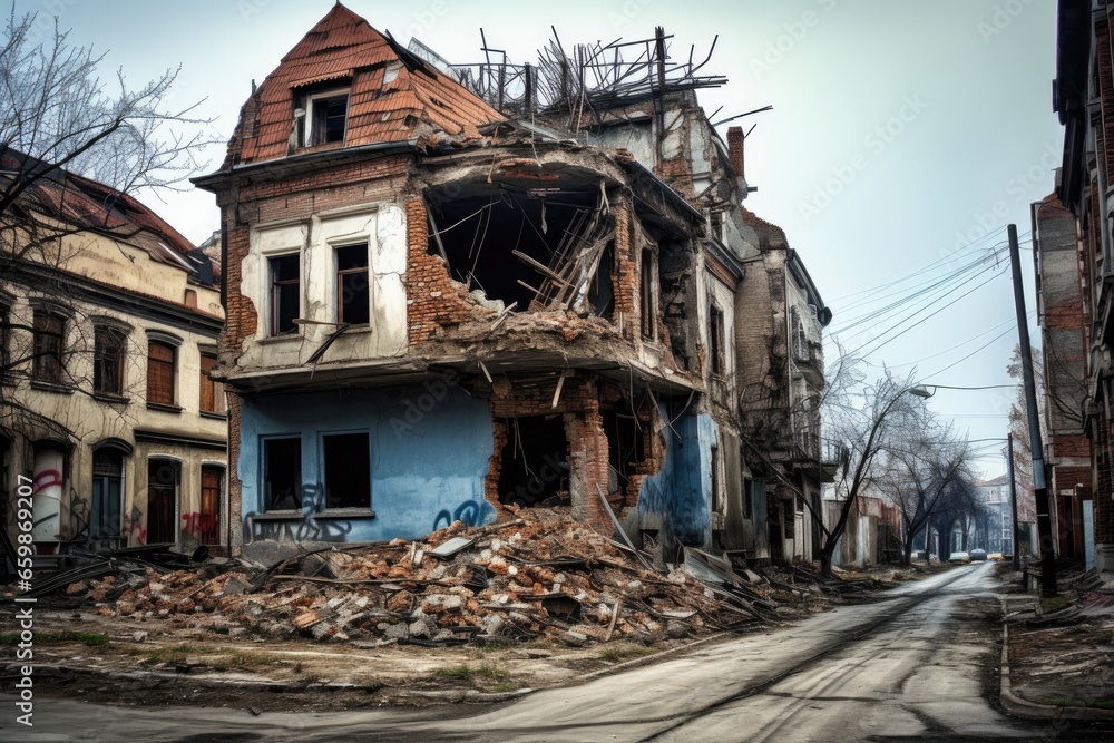 Ruined house in the city. World war Ruined house in the city. World war