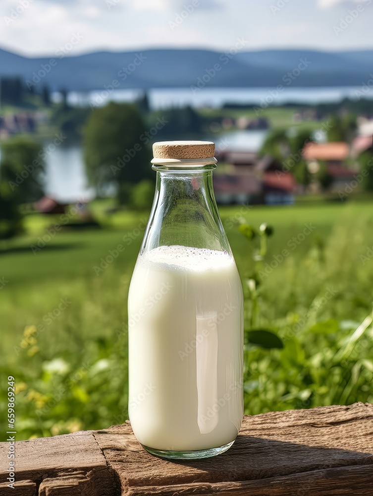 Bottle of homemade village milk against the backdrop of the village. AI Bottle of homemade village milk against the backdrop of the village. AI