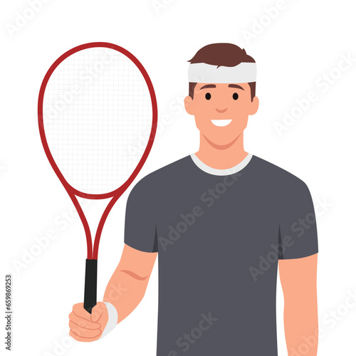 Young handsome male tennis player standing. Flat vector illustration isolated on white background