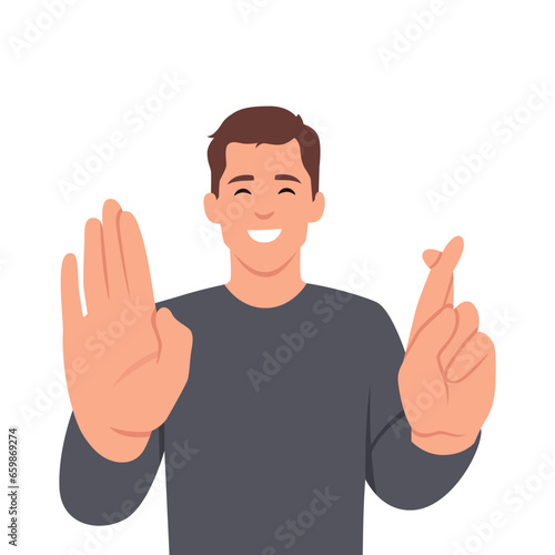 Young crazy man with finger crossed and no gesture. Flat vector illustration isolated on white background