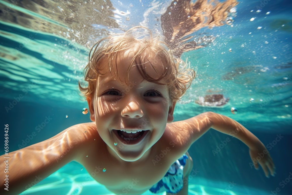Happy kid swimming underwater and having fun