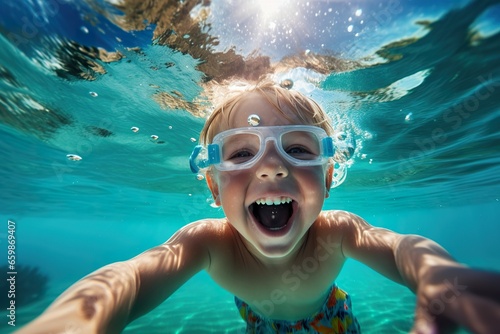 Happy kid swimming underwater and having fun