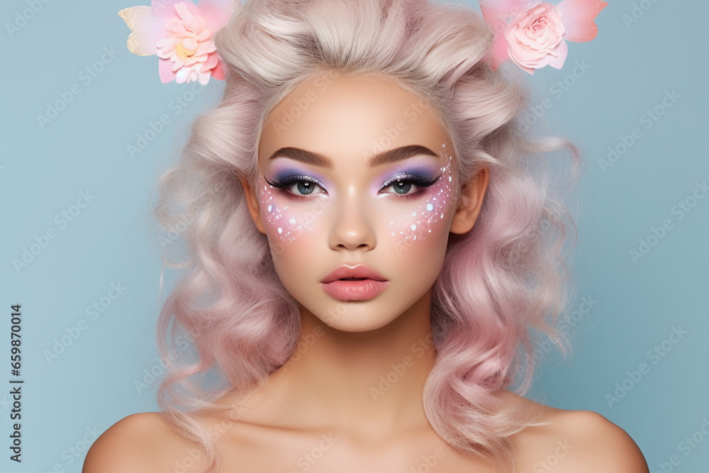 Woman with cute fairy costume makeup on pastel colored background